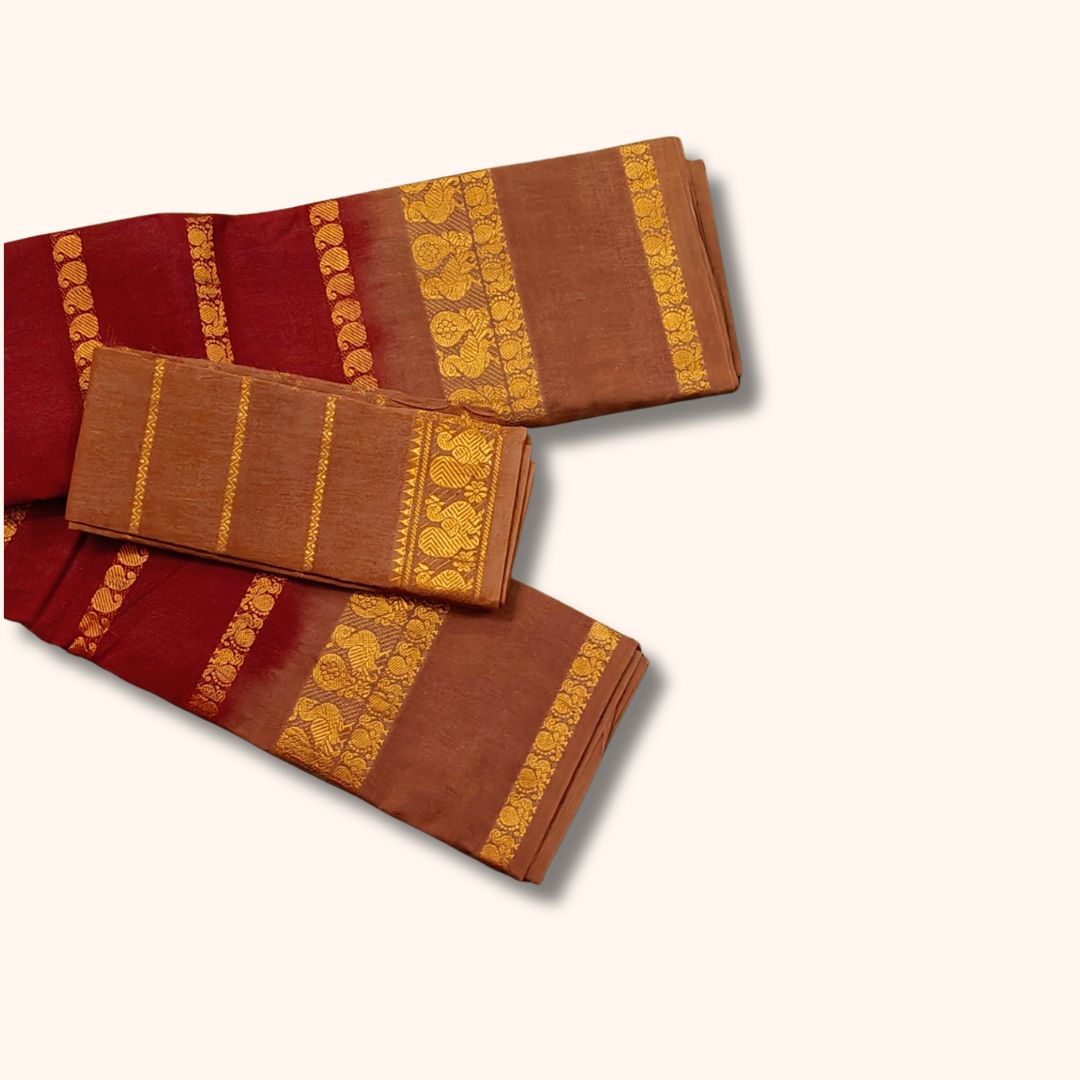 Traditional Sungudi Cotton Saree with Gold Zari Stripes and Decorative Border – With Blouse Piece