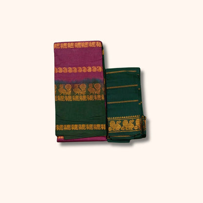 Traditional Sungudi Cotton Saree with Gold Zari Stripes and Decorative Border – With Blouse Piece