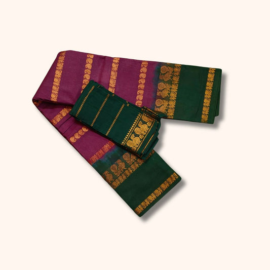 Traditional Sungudi Cotton Saree with Gold Zari Stripes and Decorative Border – With Blouse Piece
