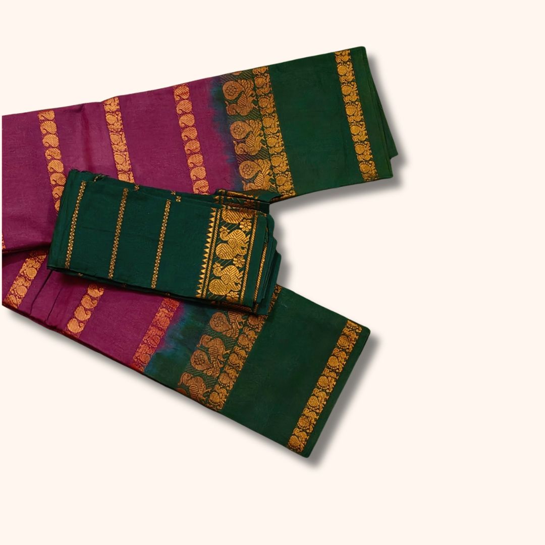 Traditional Sungudi Cotton Saree with Gold Zari Stripes and Decorative Border – With Blouse Piece