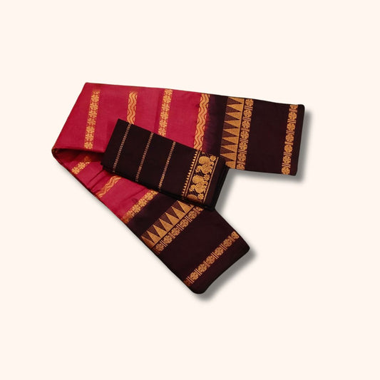 Traditional Sungudi Cotton Saree with Gold Zari Stripes and Decorative Border – With Blouse Piece