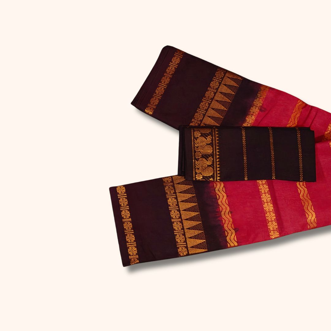Traditional Sungudi Cotton Saree with Gold Zari Stripes and Decorative Border – With Blouse Piece