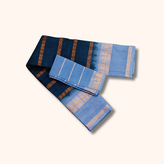 Traditional Sungudi Cotton Saree with Gold Zari Stripes and Peacock Border – With Blouse Piece