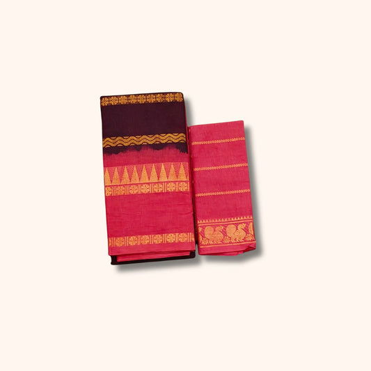 Traditional Sungudi Cotton Saree with Gold Zari Stripes and Peacock Border – With Blouse Piece