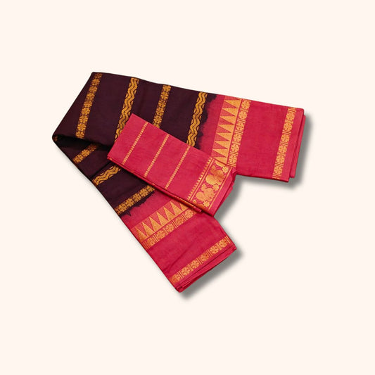 Traditional Sungudi Cotton Saree with Gold Zari Stripes and Peacock Border – With Blouse Piece