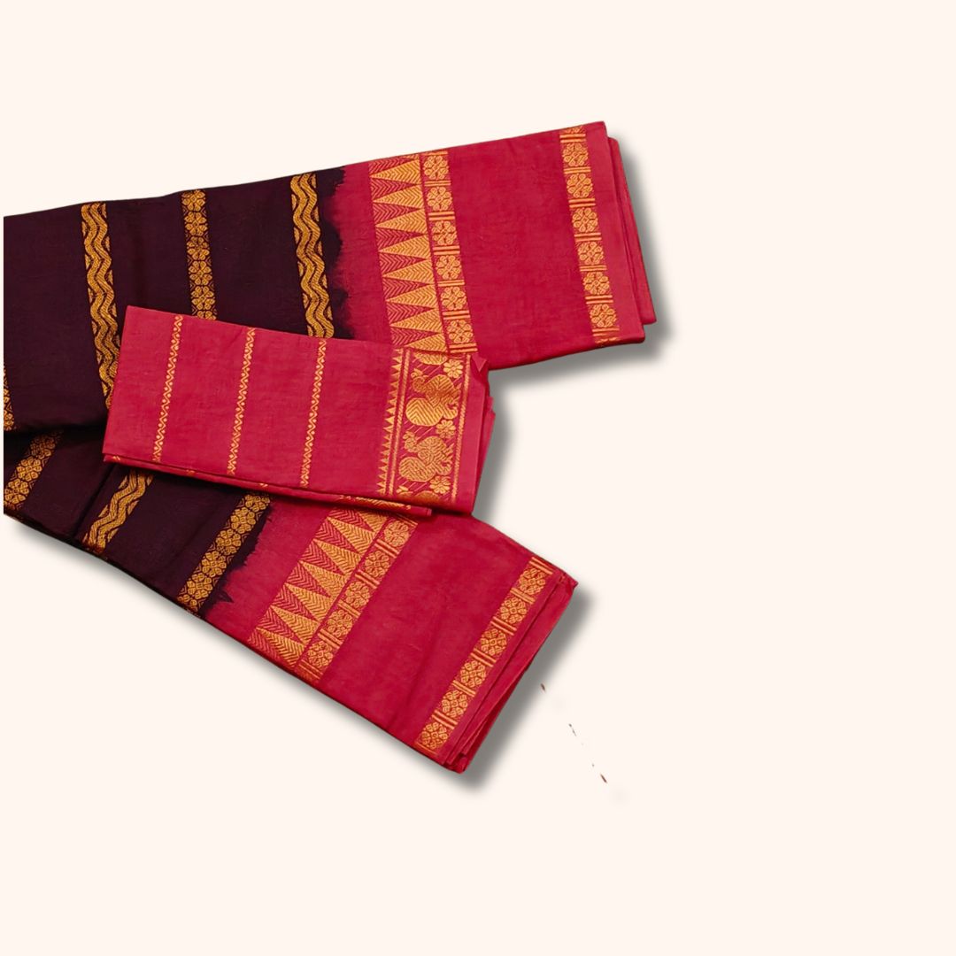 Traditional Sungudi Cotton Saree with Gold Zari Stripes and Peacock Border – With Blouse Piece