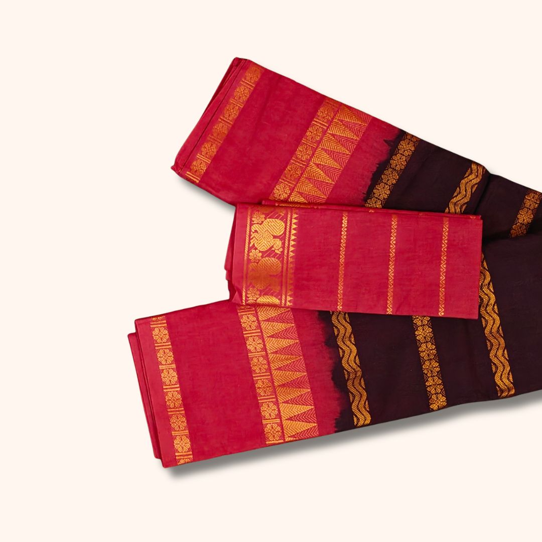 Traditional Sungudi Cotton Saree with Gold Zari Stripes and Peacock Border – With Blouse Piece
