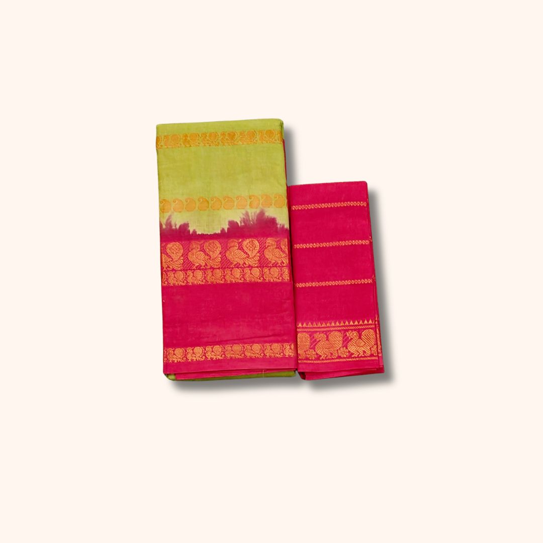Traditional Sungudi Cotton Saree with Gold Zari Stripes and Decorative Border – With Blouse Piece