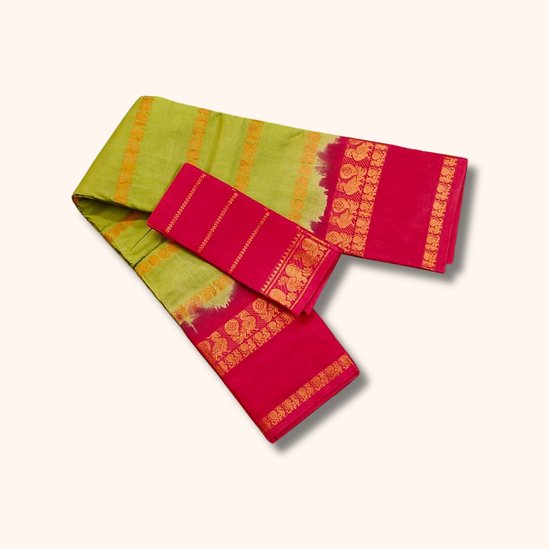 Traditional Sungudi Cotton Saree with Gold Zari Stripes and Decorative Border – With Blouse Piece