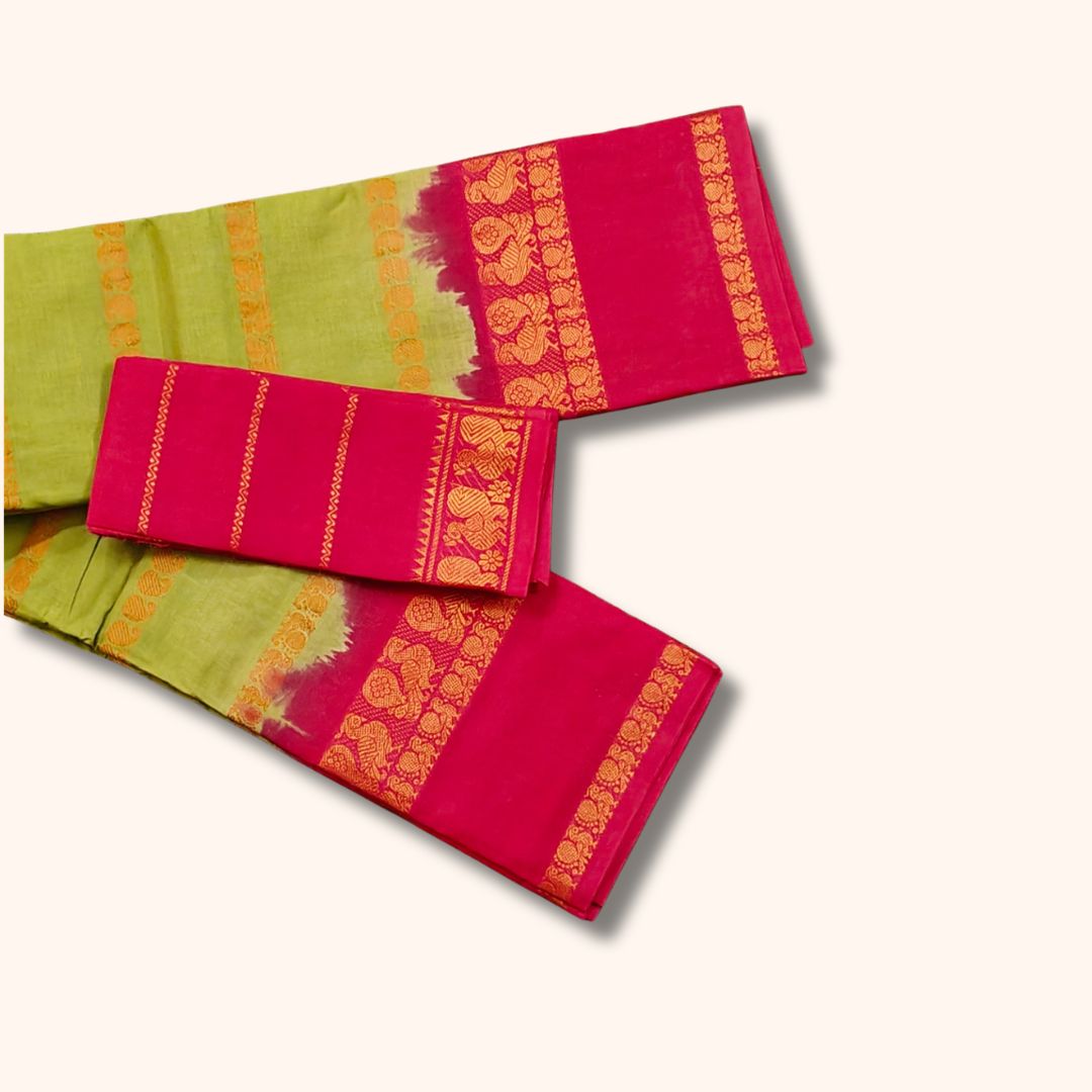 Traditional Sungudi Cotton Saree with Gold Zari Stripes and Decorative Border – With Blouse Piece