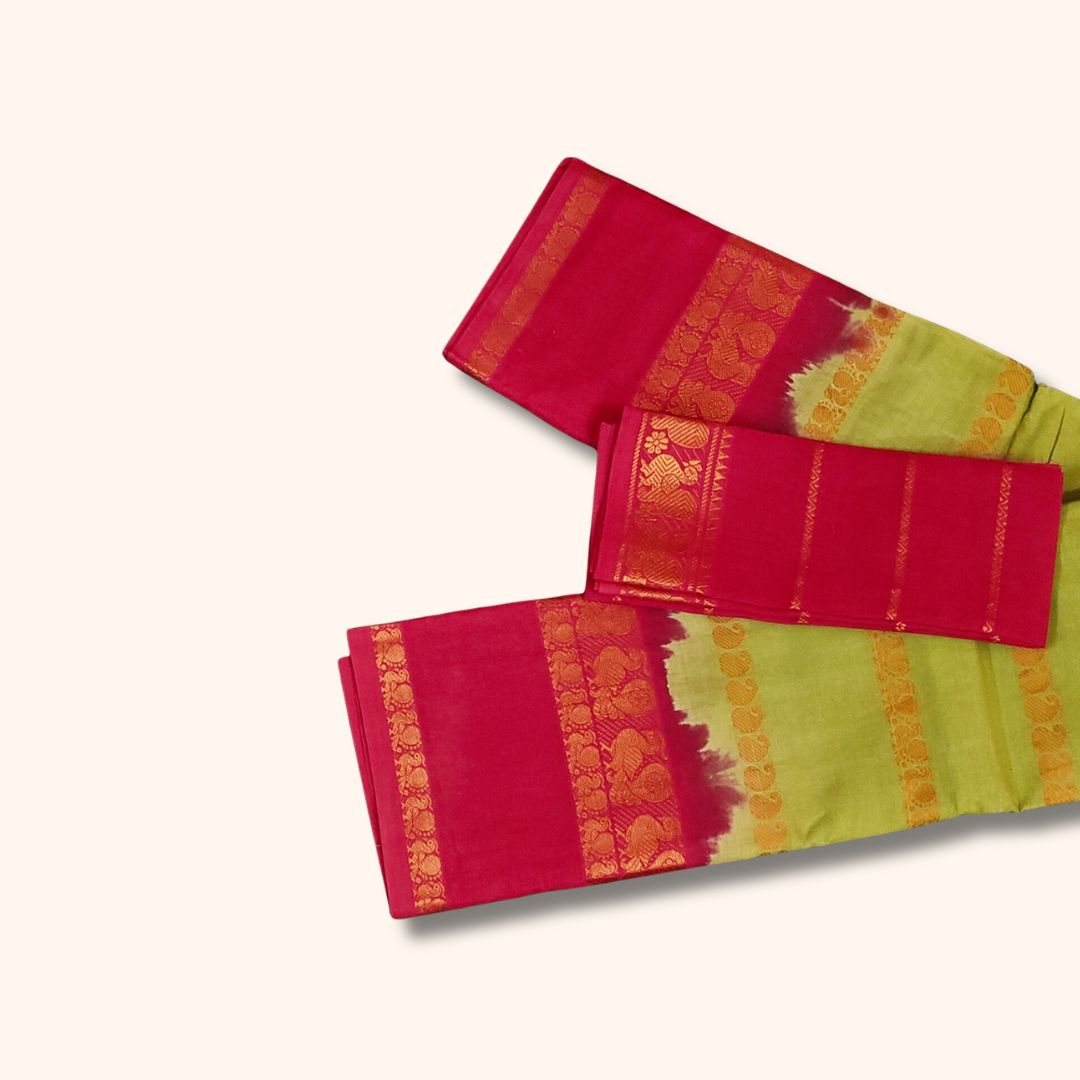 Traditional Sungudi Cotton Saree with Gold Zari Stripes and Decorative Border – With Blouse Piece