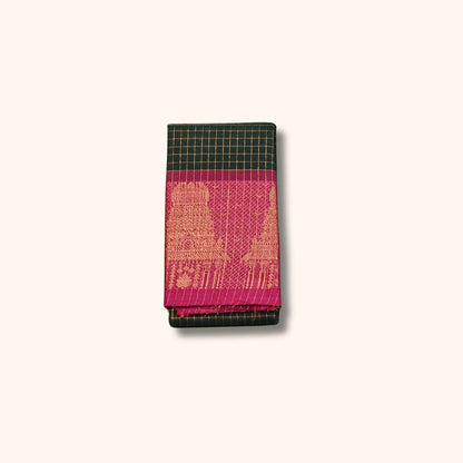 Dark Green Chettinad Cotton Saree with Gold Zari Checks and Temple Motif Border – Without Blouse