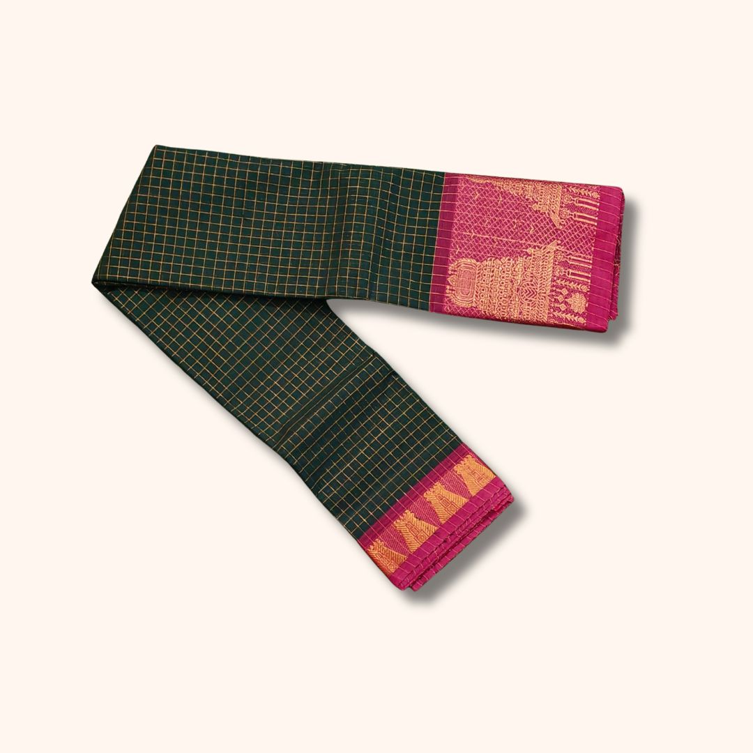 Dark Green Chettinad Cotton Saree with Gold Zari Checks and Temple Motif Border – Without Blouse