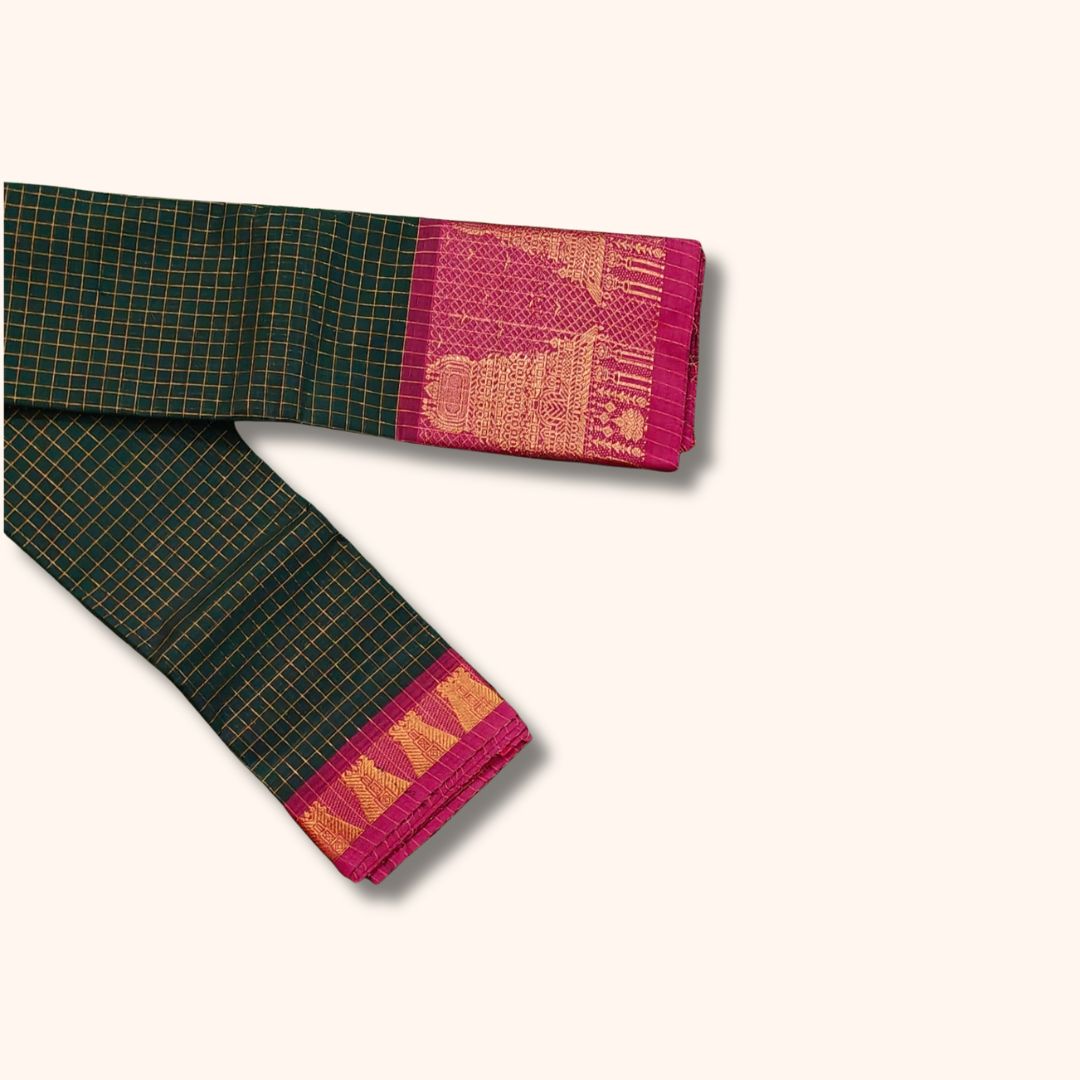 Dark Green Chettinad Cotton Saree with Gold Zari Checks and Temple Motif Border – Without Blouse