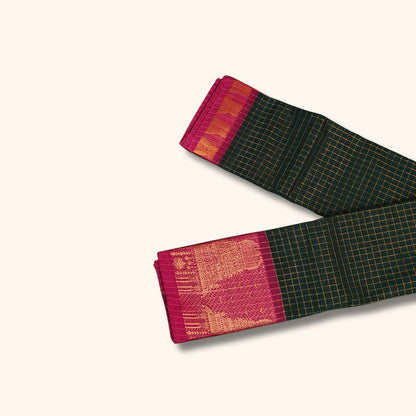 Dark Green Chettinad Cotton Saree with Gold Zari Checks and Temple Motif Border – Without Blouse