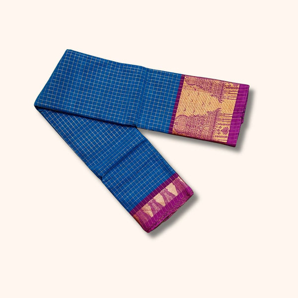 Traditional Chettinad Cotton Saree with Gold Zari Checks and Temple Motif Border – Without Blous