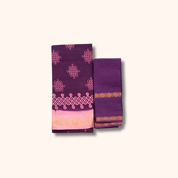 Purple Sungudi Cotton Saree with Traditional Kolam Design and Pink Gold Zari Border – Separate Blouse Piece