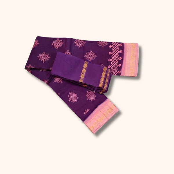 Purple Sungudi Cotton Saree with Traditional Kolam Design and Pink Gold Zari Border – Separate Blouse Piece