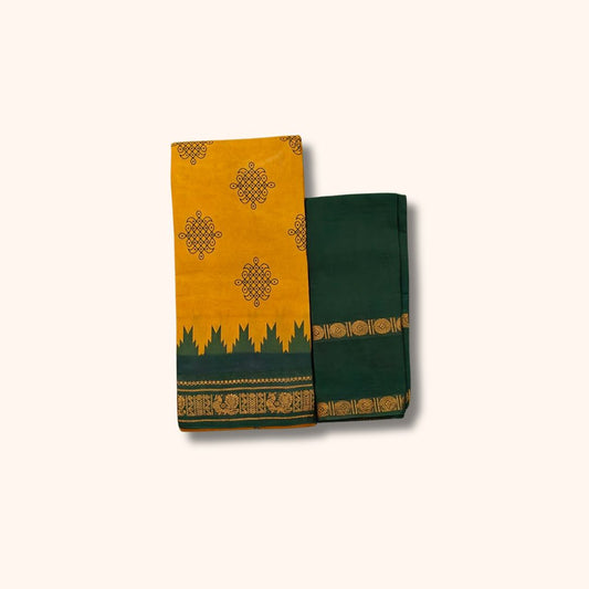 Mustard Yellow Sungudi Cotton Saree with Traditional Kolam Design and Dark Green Gold Zari Border – Separate Blouse Piece