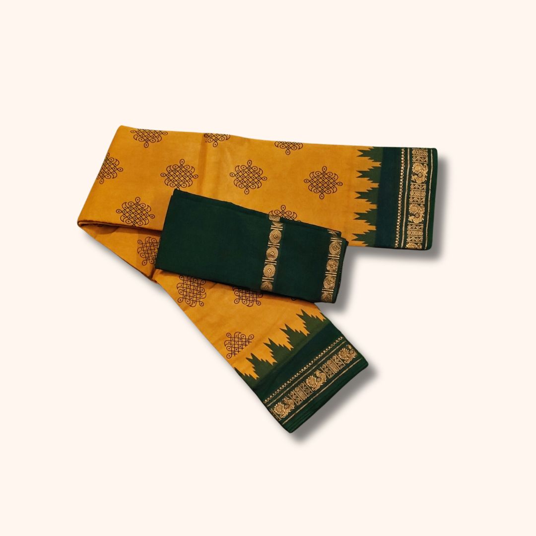 Mustard Yellow Sungudi Cotton Saree with Traditional Kolam Design and Dark Green Gold Zari Border – Separate Blouse Piece