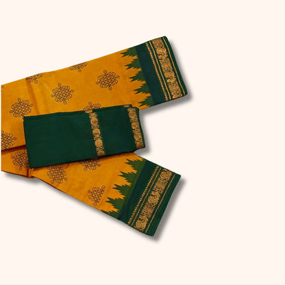 Mustard Yellow Sungudi Cotton Saree with Traditional Kolam Design and Dark Green Gold Zari Border – Separate Blouse Piece