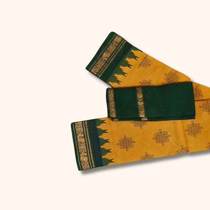 Mustard Yellow Sungudi Cotton Saree with Traditional Kolam Design and Dark Green Gold Zari Border – Separate Blouse Piece
