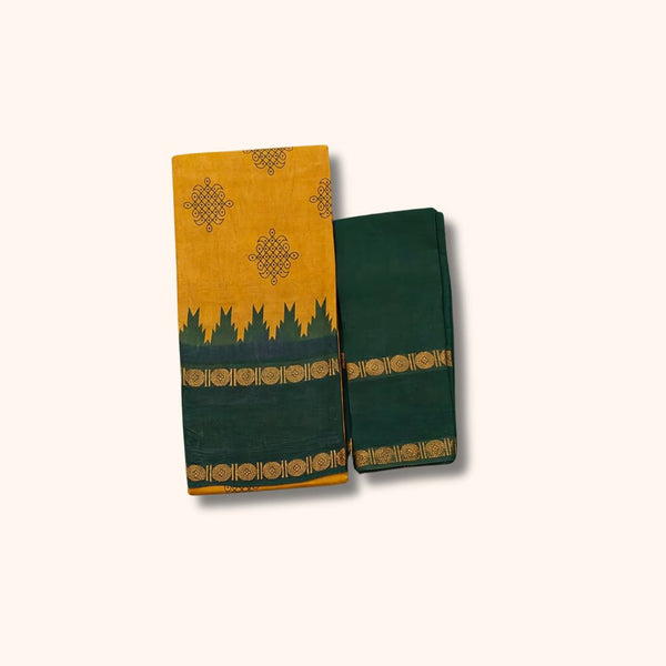 Mustard Yellow and Dark Green Sungudi Cotton Saree with Traditional Kolam Design and Gold Zari Border – Separate Blouse Piece