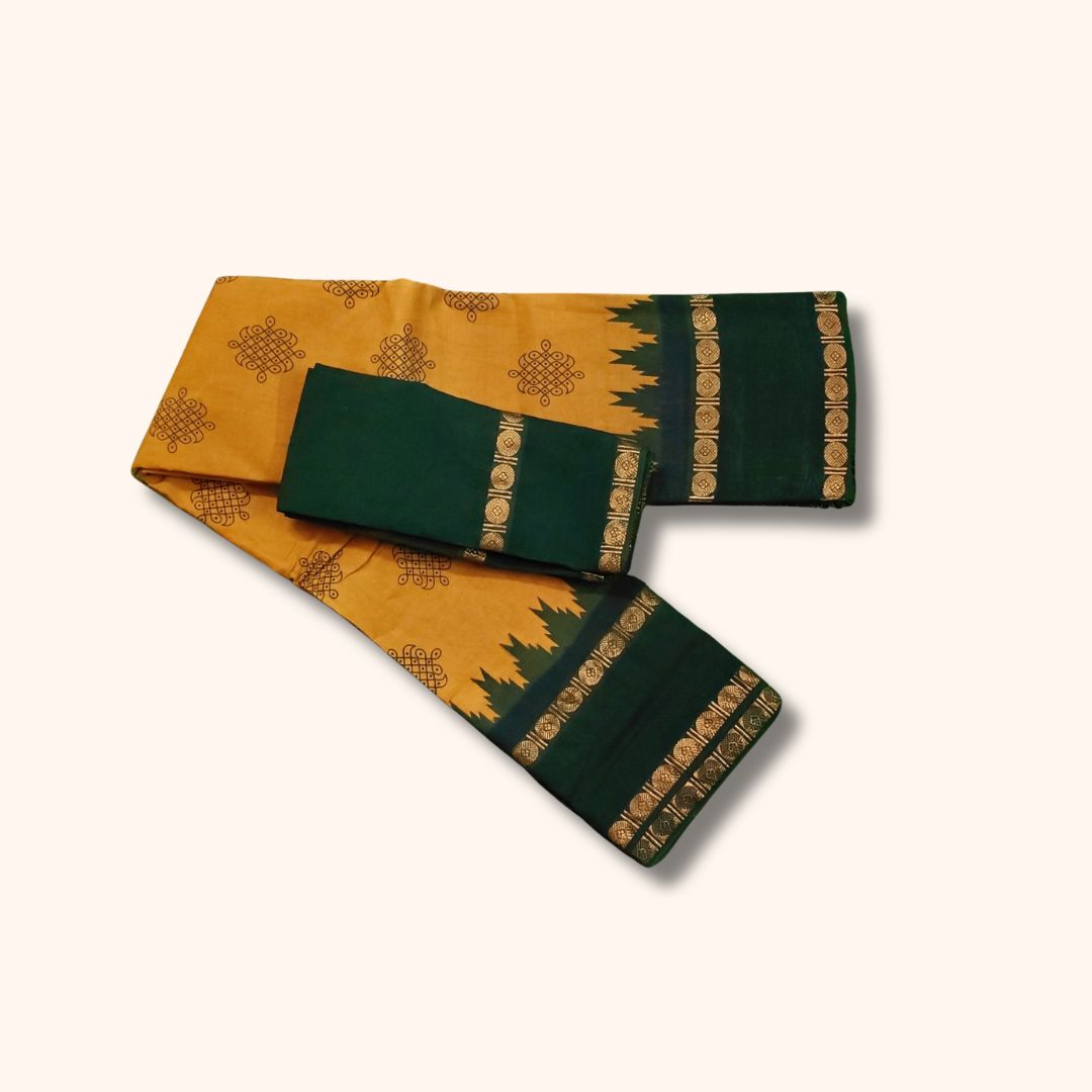 Mustard Yellow and Dark Green Sungudi Cotton Saree with Traditional Kolam Design and Gold Zari Border – Separate Blouse Piece