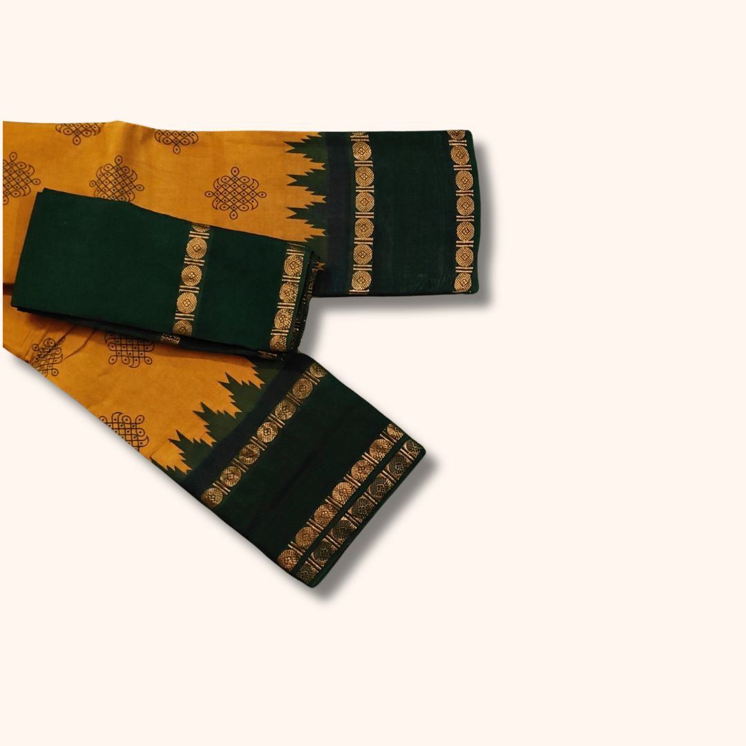 Mustard Yellow and Dark Green Sungudi Cotton Saree with Traditional Kolam Design and Gold Zari Border – Separate Blouse Piece