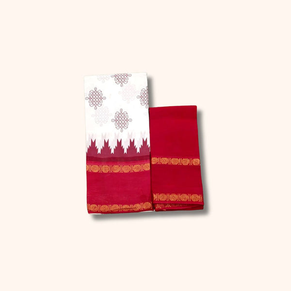 Traditional Kolam Design and Gold Zari Double Border – White and Red – Separate Blouse Piece