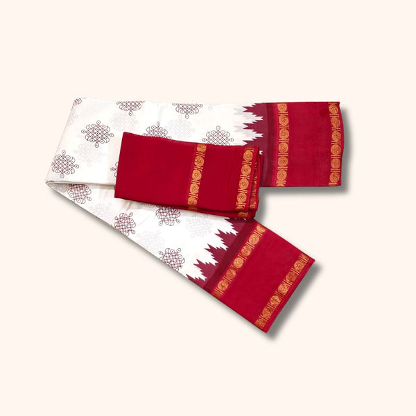Traditional Kolam Design and Gold Zari Double Border – White and Red – Separate Blouse Piece