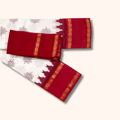 Traditional Kolam Design and Gold Zari Double Border – White and Red – Separate Blouse Piece