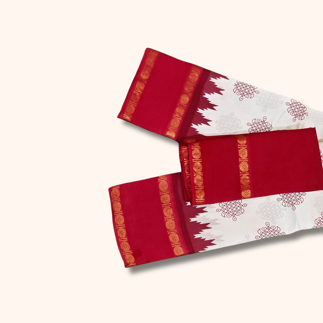 Traditional Kolam Design and Gold Zari Double Border – White and Red – Separate Blouse Piece