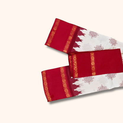 Traditional Kolam Design and Gold Zari Double Border – White and Red – Separate Blouse Piece