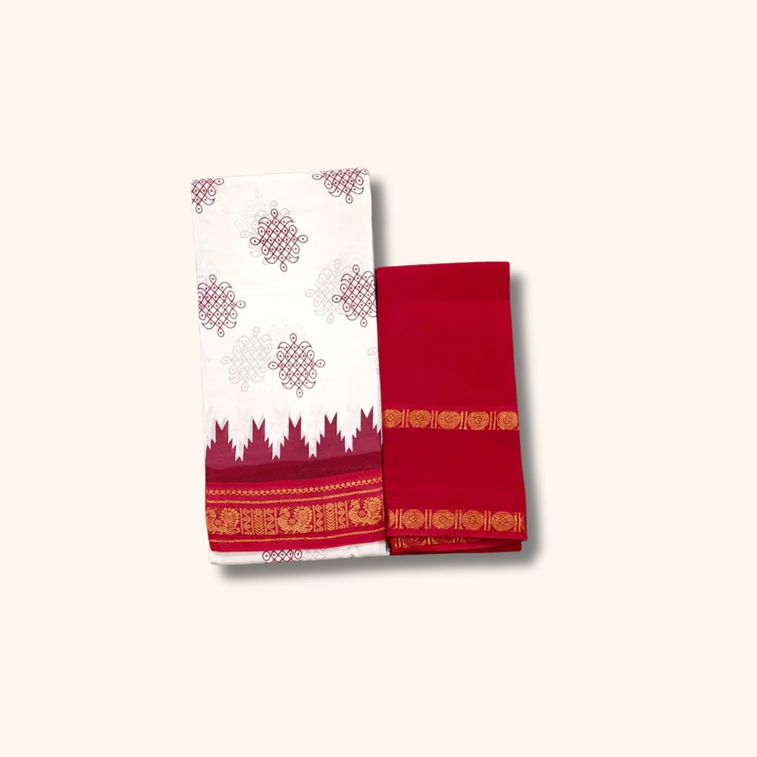 Traditional Kolam Design and Gold Zari Border – White and Red – Separate Blouse Piece