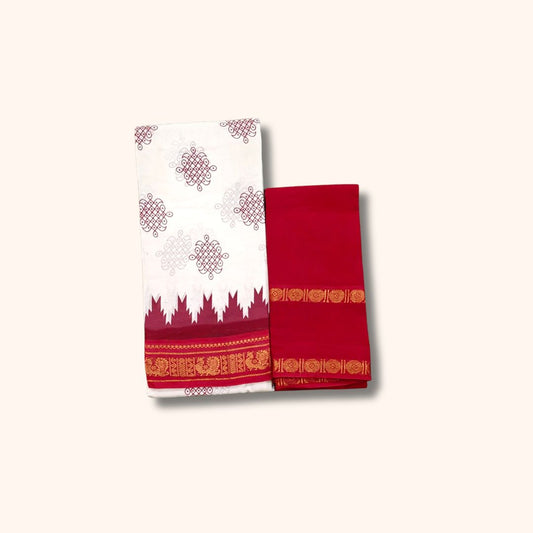 Traditional Kolam Design and Gold Zari Border – White and Red – Separate Blouse Piece