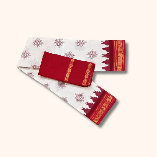 Traditional Kolam Design and Gold Zari Border – White and Red – Separate Blouse Piece