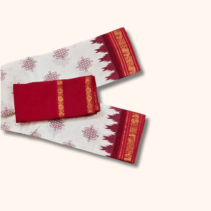 Traditional Kolam Design and Gold Zari Border – White and Red – Separate Blouse Piece