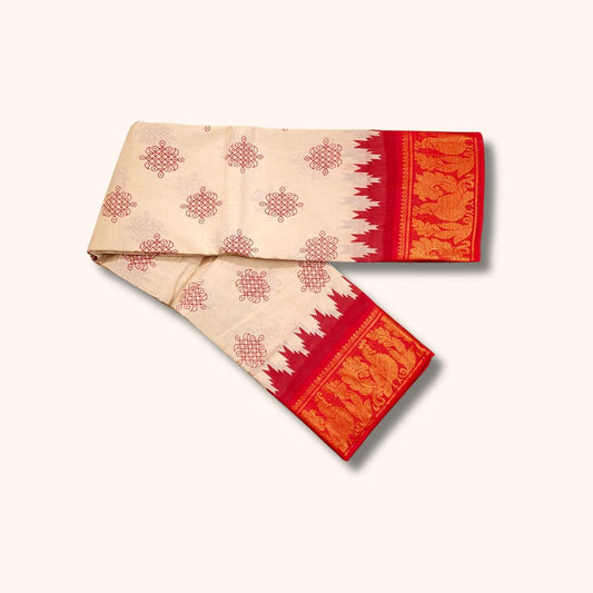 Traditional Kolam Design and Gold Zari Elephant Border Cream and Orange Running Blouse