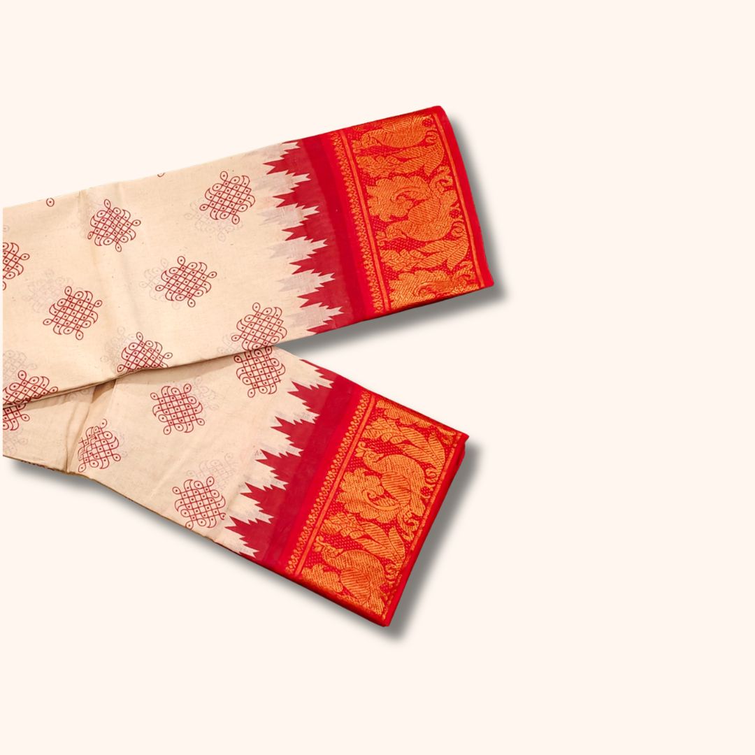 Traditional Kolam Design and Gold Zari Elephant Border Cream and Orange Running Blouse