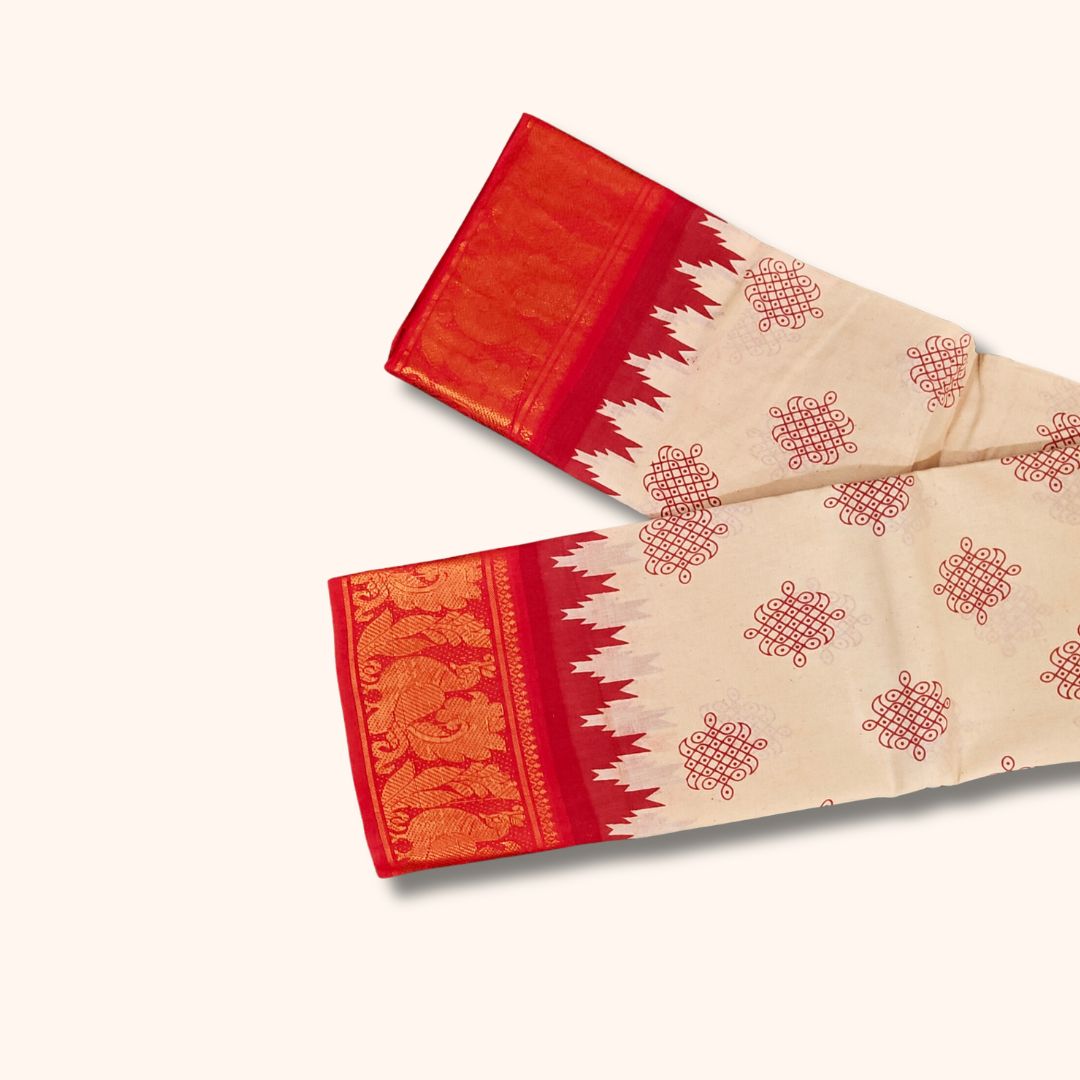 Traditional Kolam Design and Gold Zari Elephant Border Cream and Orange Running Blouse