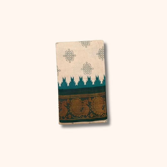 Traditional Kolam Design and Gold Zari Elephant Border Cream and Dark Green Running Blouse