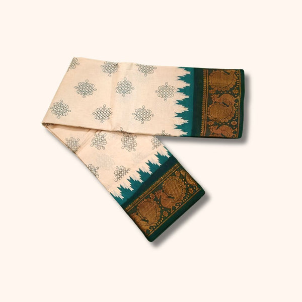 Traditional Kolam Design and Gold Zari Elephant Border Cream and Dark Green Running Blouse