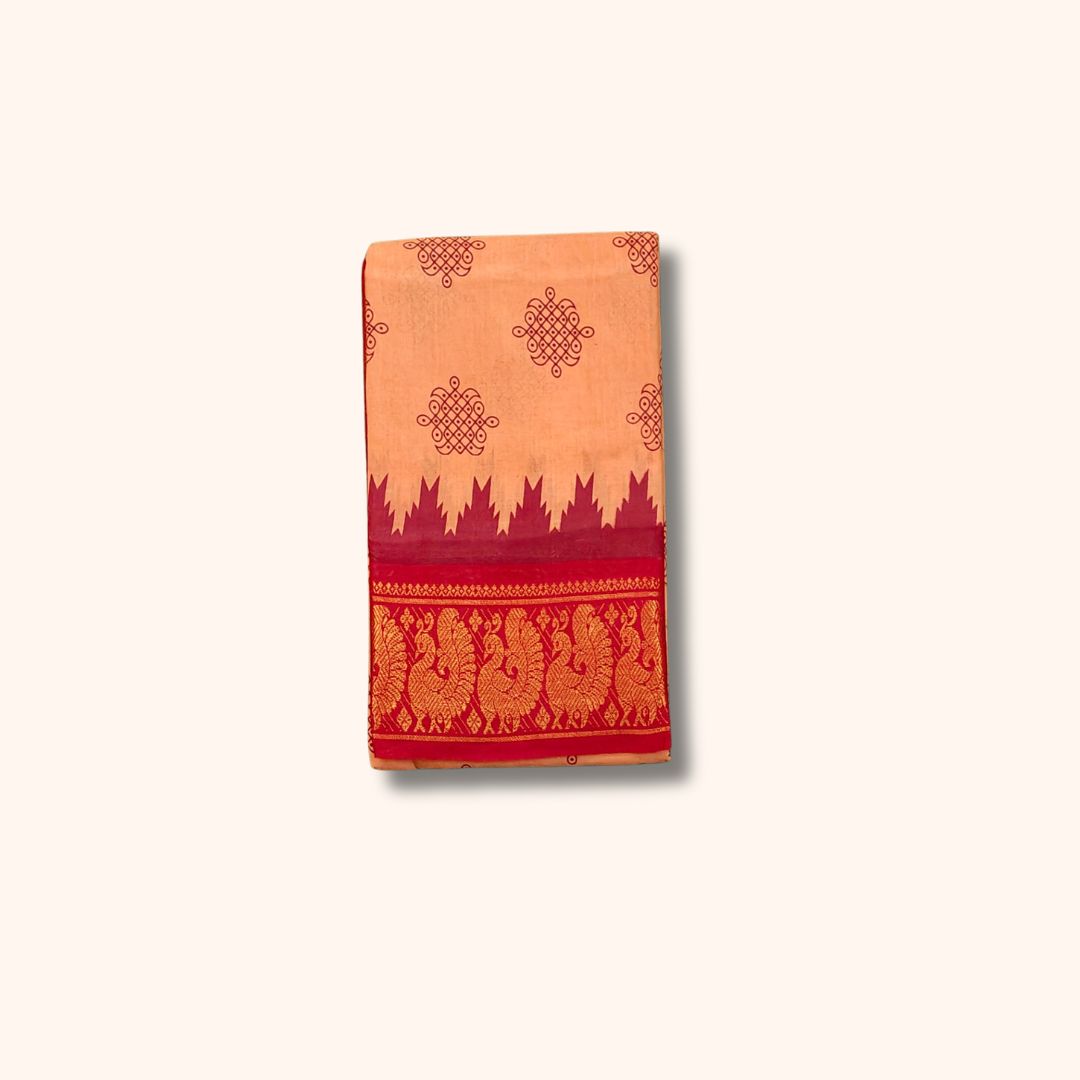 Peach and Maroon Traditional Kolam Design and Gold Zari Elephant Border – Running Blouse