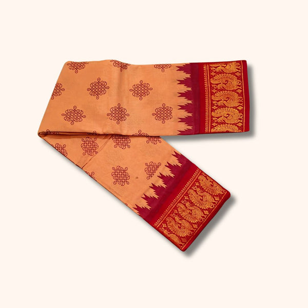 Peach and Maroon Traditional Kolam Design and Gold Zari Elephant Border – Running Blouse