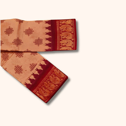 Peach and Maroon Traditional Kolam Design and Gold Zari Elephant Border – Running Blouse
