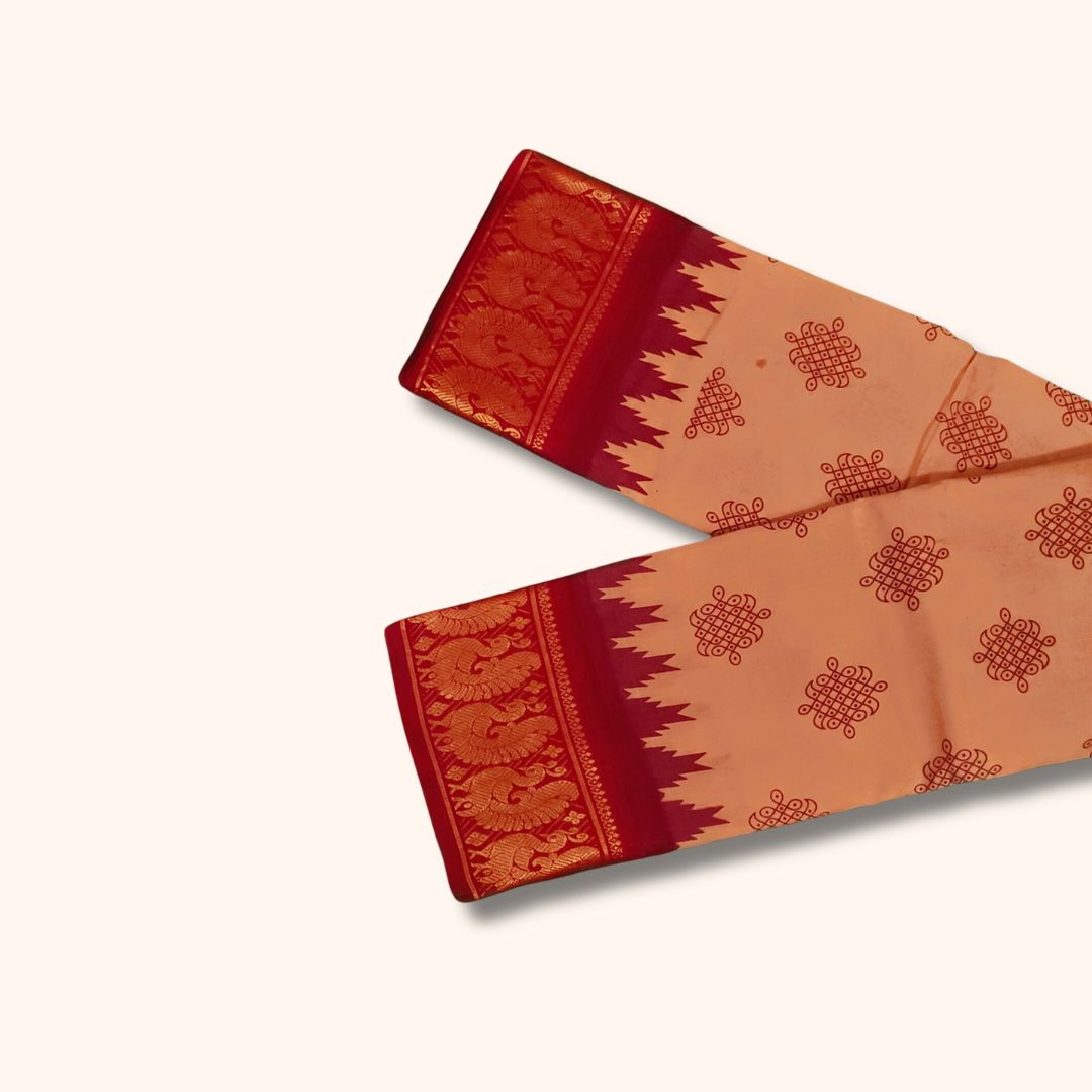 Peach and Maroon Traditional Kolam Design and Gold Zari Elephant Border – Running Blouse