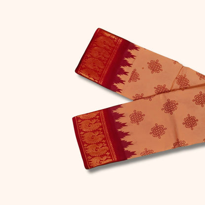 Peach and Maroon Traditional Kolam Design and Gold Zari Elephant Border – Running Blouse