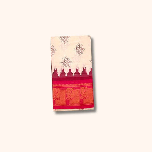 Kolam Design Sungudi Saree - Off-white with Red colour - Running Blouse