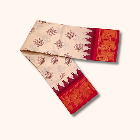 Kolam Design Sungudi Saree - Off-white with Red colour - Running Blouse